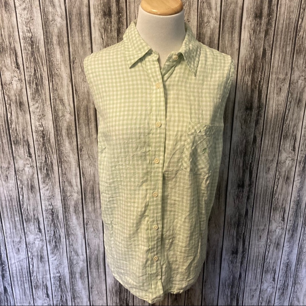 Ralph Lauren Linen Sleeveless Button Front Gingham Shirt 14